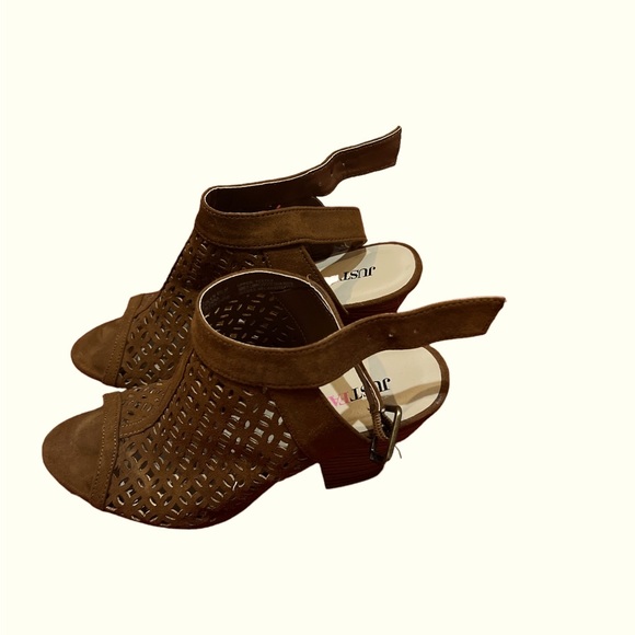 Brown, open toe, 2.5 inch heel booties. - Picture 1 of 2
